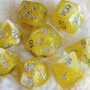 Sunlight DnD 8pc Dice Set, Polyhedral dice, D&D dice, Dungeons and Dragons, Table Top Role Playing. Translucent Glitter Flake and Foil Dice