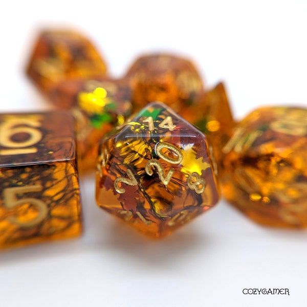 Falling Leaves Dice Set - 7 Piece. Dungeons and Dragons, Fall Season D&D Dice set, Autumn Dice Set for DnD, Tabletop Games. D20 TTRPG Dice