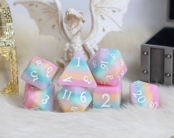 Dazed and Dreamy DnD Dice Set, Polyhedral dice, D&D dice, Dungeons and Dragons, Table Top Role Playing. Pastel Rainbow Matte Layered Dice