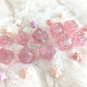 Cherry Blossom 11 Piece DnD Dice Set, Polyhedral dice, D&D dice, Dungeons and Dragons, Table Top Role Playing. Resin dice with fantasy font