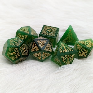 Garden Gate Green Cats Eye Gemstone DnD Dice Set, Polyhedral dice, D&D dice, Dungeons and Dragons, TTRPG Dice. Real Stone Dice Set