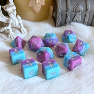 Twilight Serenity Dice Set – 11pc DnD Dice with Extra D20 & D6s, Matte Ombre Purple Blue Resin, Silver Font, Fantasy TTRPG Set