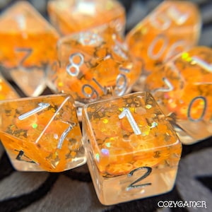 Orange TTRPG Dice Set, Polyhedral dice, D&D dice, Dungeons and Dragons, Table Top Role Playing. Bright fruit slices in Resin with Glitter
