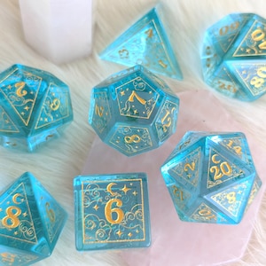 Dreamy Blue Glass DnD Dice Set, Polyhedral dice, D&D dice, Dungeons and Dragons, TTRPG Dice. Real Glass Dice Set. Cloud, Moon, and stars