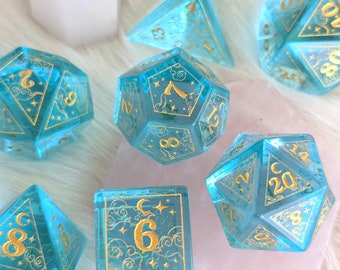 Dreamy Blue Glass DnD Dice Set, Polyhedral dice, D&D dice, Dungeons and Dragons, TTRPG Dice. Real Glass Dice Set. Cloud, Moon, and stars