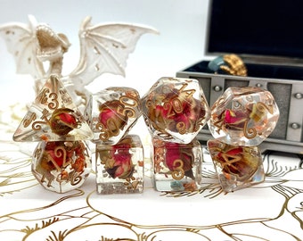 Copper and Rose Buds Dice Set – 8 Piece Real Rose Inclusion Dice, Clear Resin TTRPG Dice Set with Foil and Paw D6