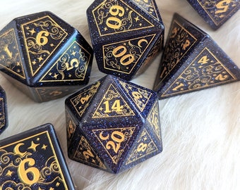 Blue Goldstone with Gold DND Dice Set, Celestial Clouds Moons Stars Etched Polyhedral Dice