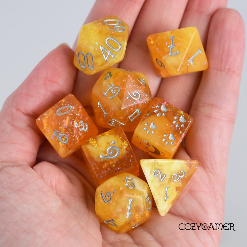 Polyhedral dice Crystalized Honey DnD Dice Set D/&D dice Dungeons and Dragons Table Top Role Playing Marbled resin with glitter n foil