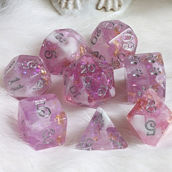 Mauve DnD Dice Set, Polyhedral dice, D&D dice, Dungeons and Dragons, Table Top Role Playing. Translucent Glitter Flake and Foil Dice