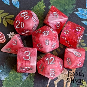 Red Dahlia DnD 8pc Dice Set, D&D dice, Dungeons and Dragons, Table Top Role Playing Dice Set. Marbled resin with glitter n foil
