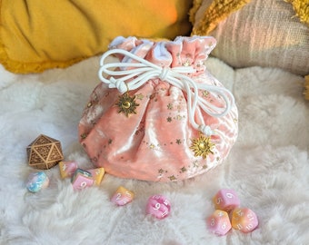 Starry Pink Multi pocket dice bag. Transportable dice storage for TTRPG dice and miniatures. Plushy soft dice bag