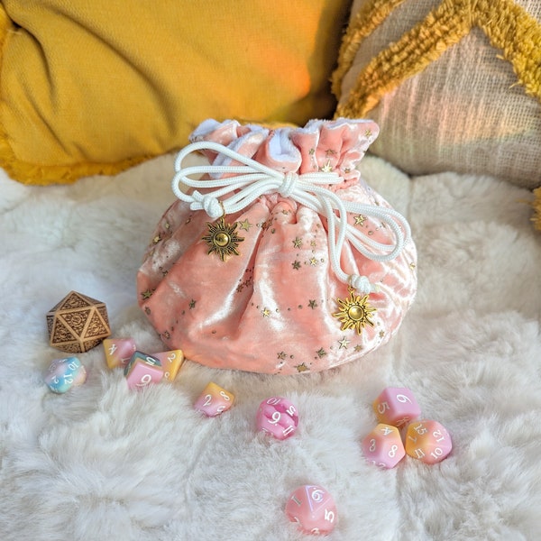Starry Pink Multi pocket dice bag. Transportable dice storage for TTRPG dice and miniatures. Plushy soft dice bag