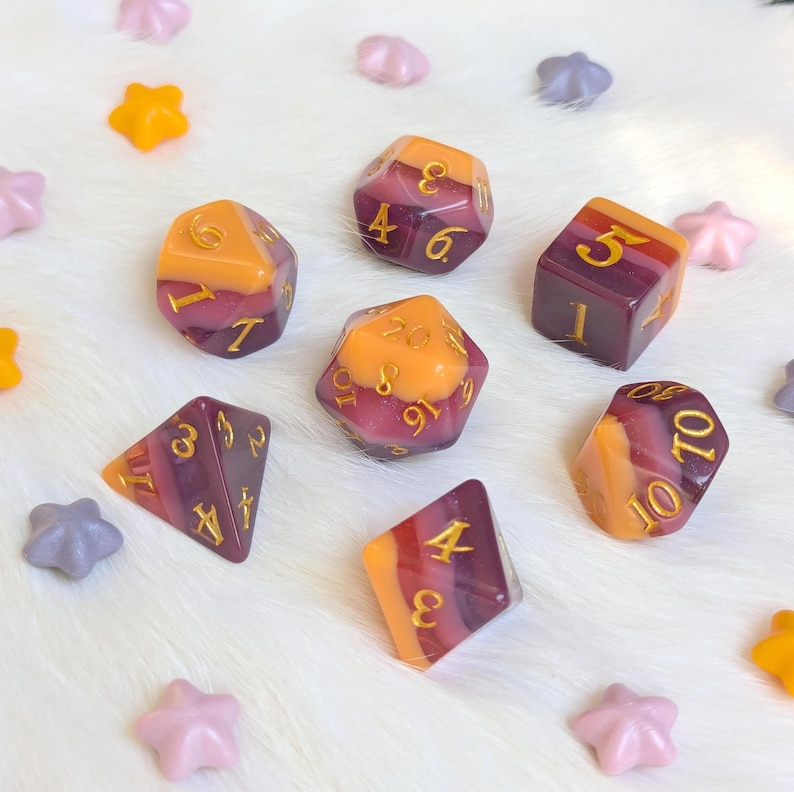 Emberwine Resin 7 Piece Dice Set: Plum, Amber & Gold Ink - DnD, TTRPG image 2