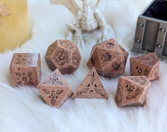 Juego de dados de palisandro grabados en roble, dados poliédricos, dados de D&D, dados de mazmorras y dragones, dados para juegos de rol de mesa. Juego de dados de madera auténtica