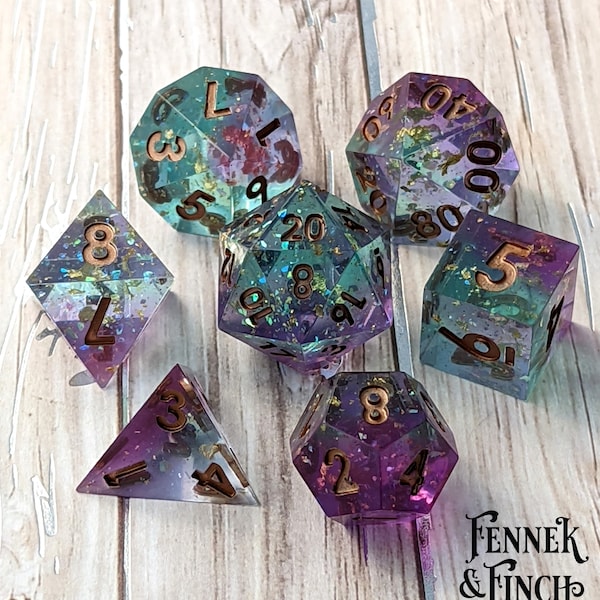 Enchanter's Tower Dice Set, TTRPG Polyhedral dice, D&D dice, Dungeons and Dragons, Table Top Role Playing. Sharp Edge resin dice with foil