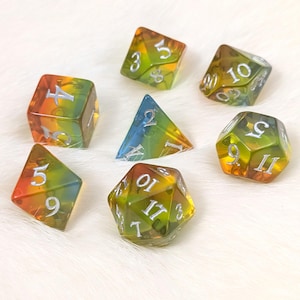 Sunrise Dice Set - Warm Gradient 7pc DnD Dice, Orange Yellow Green Blue Ombre Dice Set, TTRPG Dice for Dungeons and Dragons