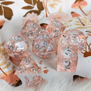 Peach Liquid Core Sharp Edge DnD Dice Set. Shimmer Swirl Resin Polyhedral Dice for TTRPG, Dungeons and Dragons, Tabletop RPG Gift