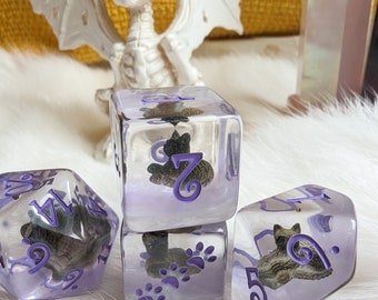 Sleepy Cat DnD Dice Set, Polyhedral dice, D&D dice, Dungeons and Dragons, Halloween DnD Dice. Warlock, Witch, Wizard, kitty, kitten