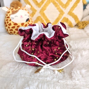 Starry Red Multi pocket dice bag. Transportable dice storage for TTRPG dice and miniatures. Plushy soft dice bag