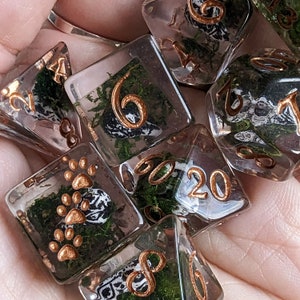 May include: A set of clear resin dice with copper-colored numbers and paw prints. Each die contains green moss and a black and white patterned design. The dice are designed for tabletop gaming.