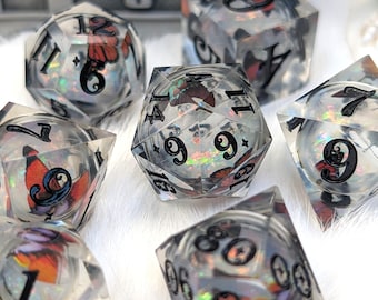 Prismatic Butterfly Orb Dice Set, Liquid Core Sharp Edge Resin DnD Dice