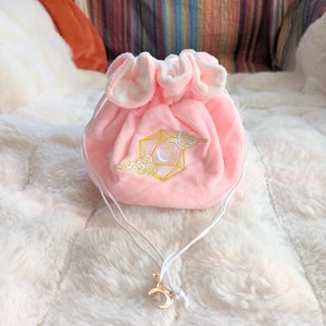 Dreamy Multi pocket dice bag. Transportable dice storage for TTRPG dice and miniatures. D20 moon and clouds embroidered dice bag in pink image 6