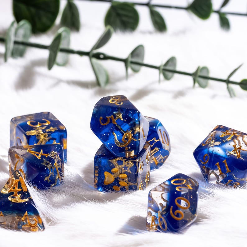 Moon and Stars Dice Set: 8 Piece Blue Resin Polyhedral Dice for D&D image 7