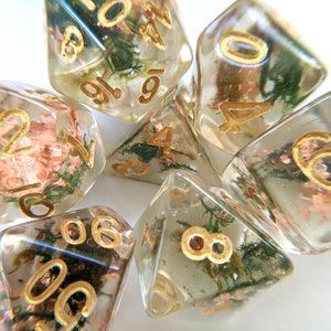 Moss and Copper DnD Dice Set, Polyhedral dice, D&D dice, Dungeons and Dragons, Table Top Role Playing. Real dried plants and metal foil dice