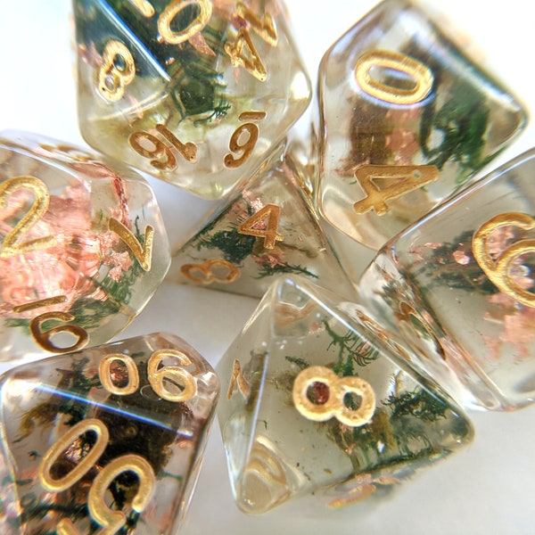 Moss and Copper DnD Dice Set, Polyhedral dice, D&D dice, Dungeons and Dragons, Table Top Role Playing. Real dried plants and metal foil dice