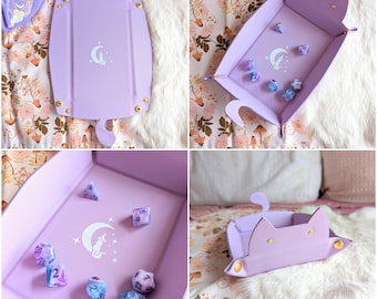 Lilac Cat Dice Tray. Cat shaped dice tray. Folding dice tray, DnD dice tray. Dice rolling tray. TTRPG dice tray. Gift idea for DnD players