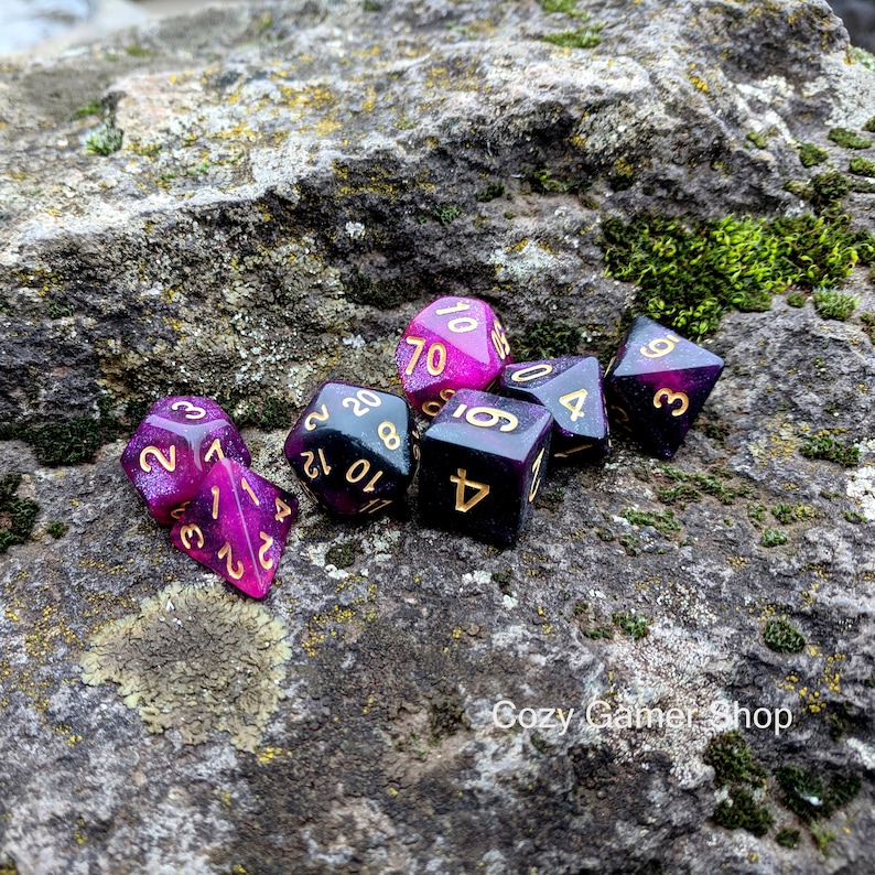 Table Top Role Playing Dice Polyhedral dice Warlock DnD Dice Set Dungeons and Dragons Black and Purple Galaxy Glitter Dice D/&D dice