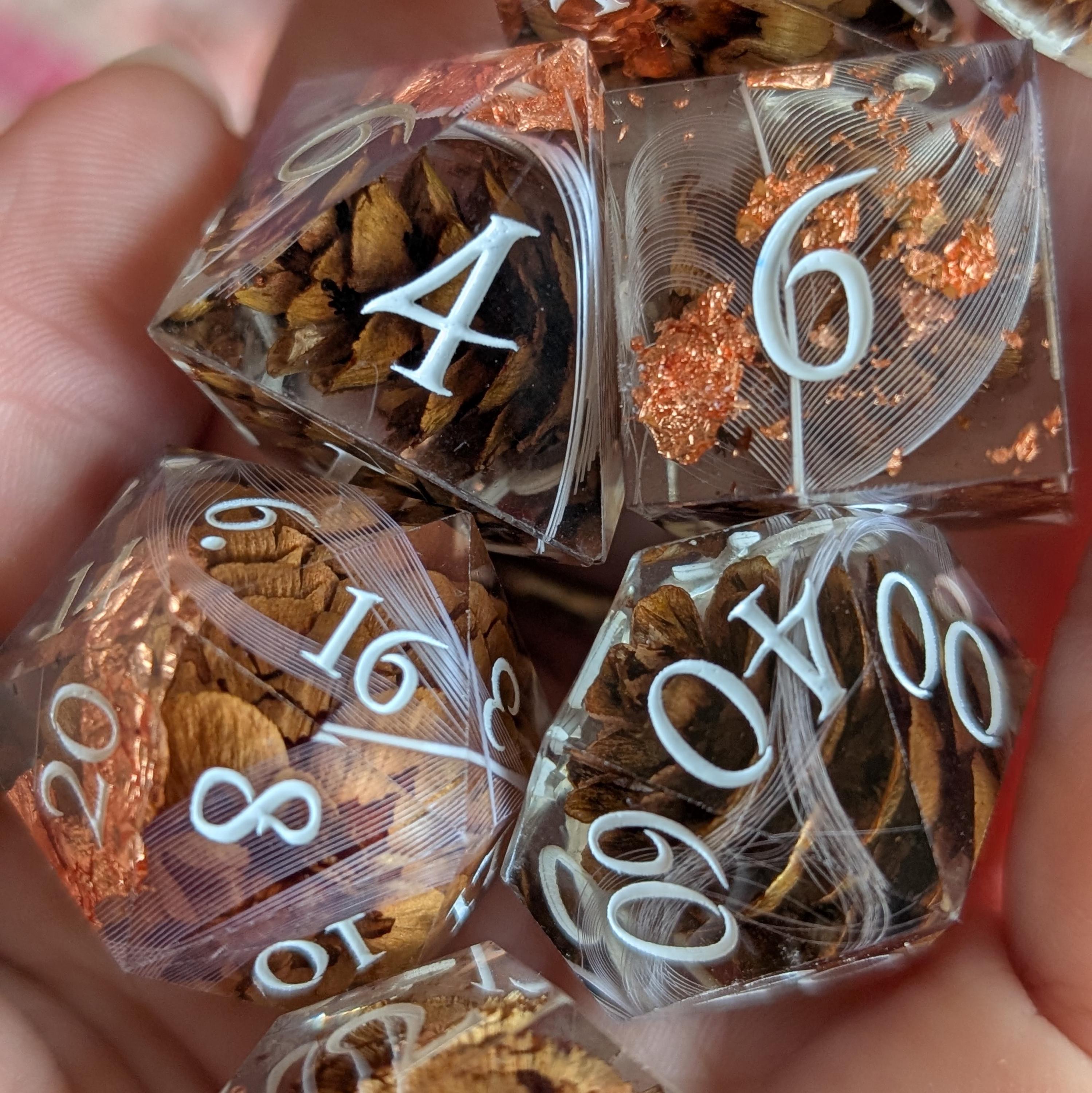Pine cone and Feather Wisps DnD Dice Set, Polyhedral dice, D&D dice, Dungeons and Dragons, Table Top Role Playing. Resin Dice with Pinecones