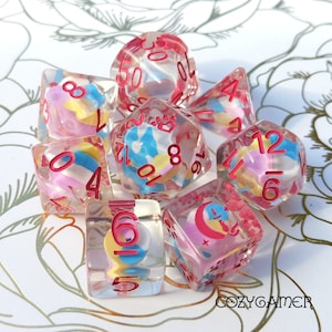 Candy Swirl Dice Set, TTRPG Polyhedral dice, D&D dice, Dungeons and Dragons, Table Top Role Playing. Bright candies in resin dice