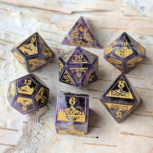 Everwild – Amethyst Gemstone Dice Set, Forest and Mountain Etched, 7 Piece Sharp Edge Dice for DnD, Pathfinder, TTRPG, Gift for RPG Player