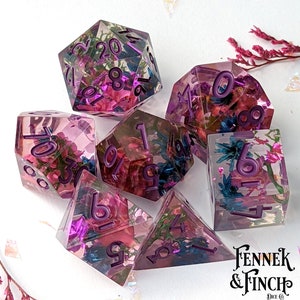 Midnight Garden DnD 7pc Dice Set, Polyhedral D&D dice, Dungeons and Dragons, TTRPG Sharp Edge with dried flowers, moss and foil