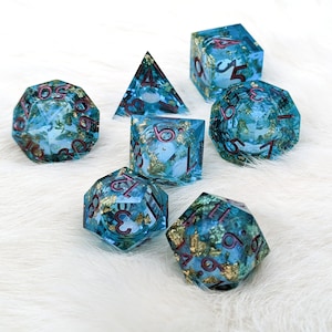 Teal and Gold Liquid Core DnD Dice Set, Polyhedral dice, D&D dice, Dungeons and Dragons, Table Top Role Playing Dice. Sharp Edge Dice