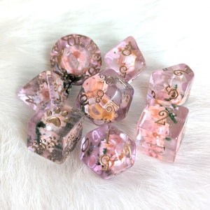 Pink Flowers and Moss Dice Set, TTRPG Dice, Polyhedral dice, D&D dice, Dungeons and Dragons, Table Top Role Playing, Real flowers plant dice