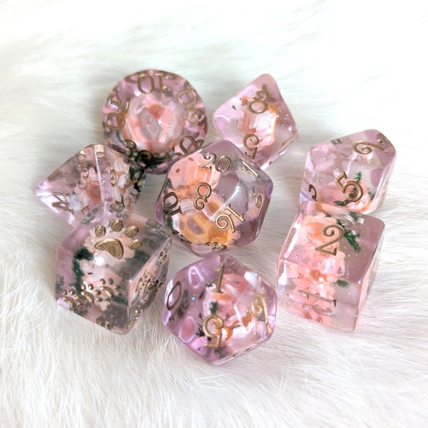 Pink Flowers and Moss Dice Set, TTRPG Dice, Polyhedral dice, D&D dice, Dungeons and Dragons, Table Top Role Playing, Real flowers plant dice