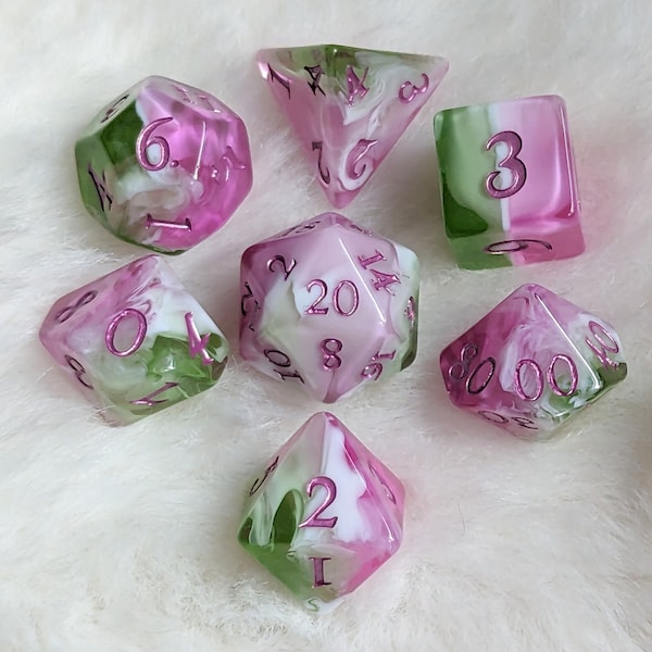 Bardic Inspiration 7 Piece Dice Set: Pink, White, and Green Resin DnD Dice