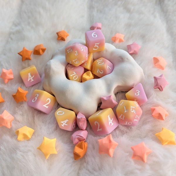 Sorbet Sunset DnD Dice Set, Polyhedral dice, D&D dice, Dungeons and Dragons, Table Top Role Playing. Layered resin dice with fantasy font
