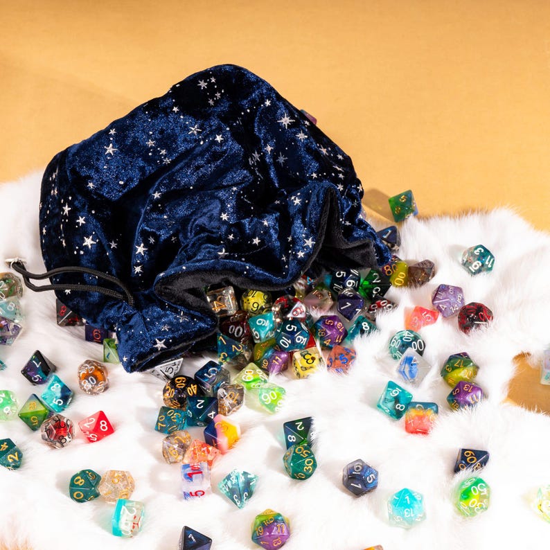 Blue and Black Velvet Starry Dice Bag: Plush TTRPG Storage with Multiple Pockets image 5