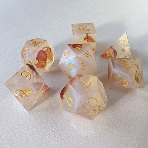 Adoration DnD Dice Set, Polyhedral dice, D&D dice, Dungeons and Dragons, Table Top Role Playing. Sharp Edge with rose petals and daisies