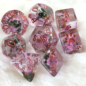 Purple Flowers and Moss DnD Dice Set, Polyhedral dice, D&D dice, Dungeons and Dragons, Table Top Role Playing. Real dried flowers and moss