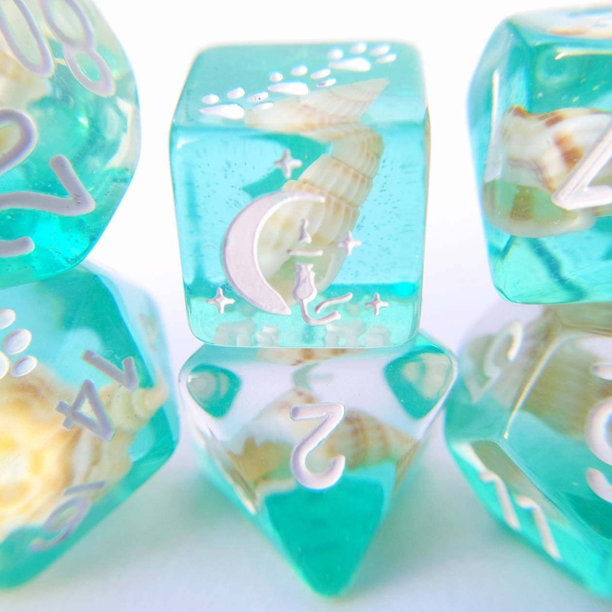 Sea Shell TTRPG Dice Set, Polyhedral dice, D&D dice, Dungeons and Dragons, Table Top Role Playing. Real Shells in Teal glitter resin