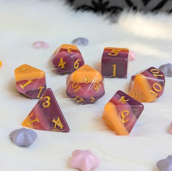 Emberwine Resin 7 Piece Dice Set: Plum, Amber & Gold Ink - DnD, TTRPG