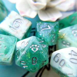 Seafoam Dice Set, TTRPG, Polyhedral dice, D&D dice, Dungeons and Dragons, Table Top Role Playing. Marbled resin with glitter n foil
