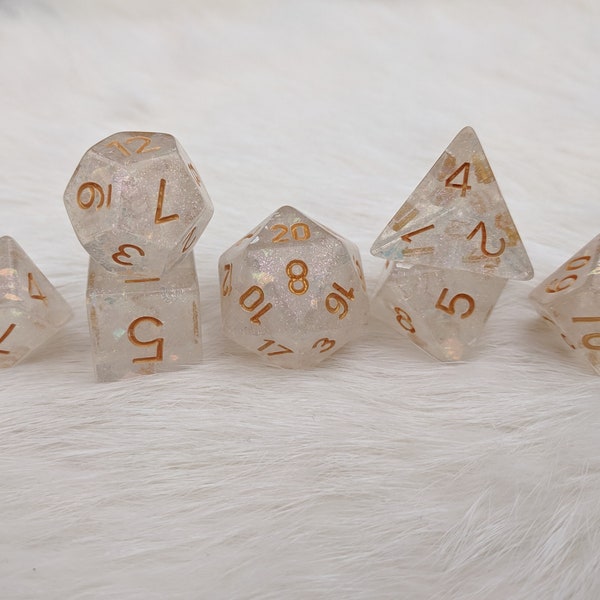 Celestial Shifting Gold DnD Dice Set, Polyhedral dice, D&D dice, Dungeons and Dragons, Table Top Role Playing. Translucent Glitter Dice