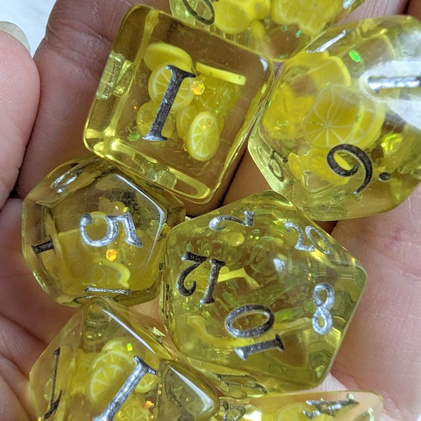 Lemon Dice Set. 8 Piece Dice Set. D&D dice, Dungeons and Dragons, D20 TTRPG, fruit dice, candy dice, tabletop gaming, polyhedral dice