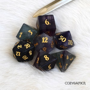 Purple Fluorite Gemstone Dice Set: 7pc Polyhedral D&D Dice