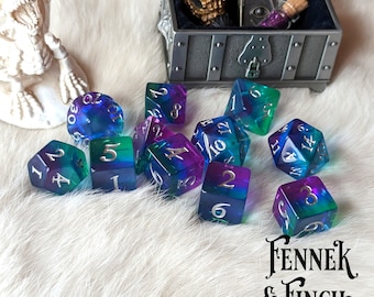 DnD Dice Set, Aurora Polyhedral dice, D&D dice, Dungeons and Dragons, Table Top Role Playing Dice. Translucent Layered Dice in Blue, Purple